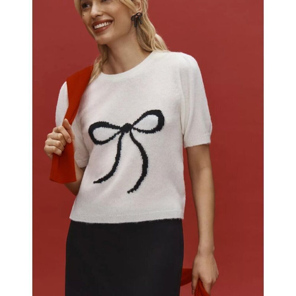 Anthropologie The Mollie Short-Sleeve Printed Sweater White Bow Size Medium